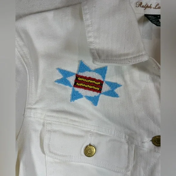 Women’s Polo Ralph Lauren White Jean Jacket Western Southwest Embroidered Bead - Picture 2 of 11
